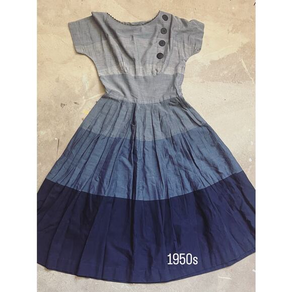 Vintage 50s/60s Dress, Short Sleeve Summer Striped Blue Gray - Picture 1 of 7